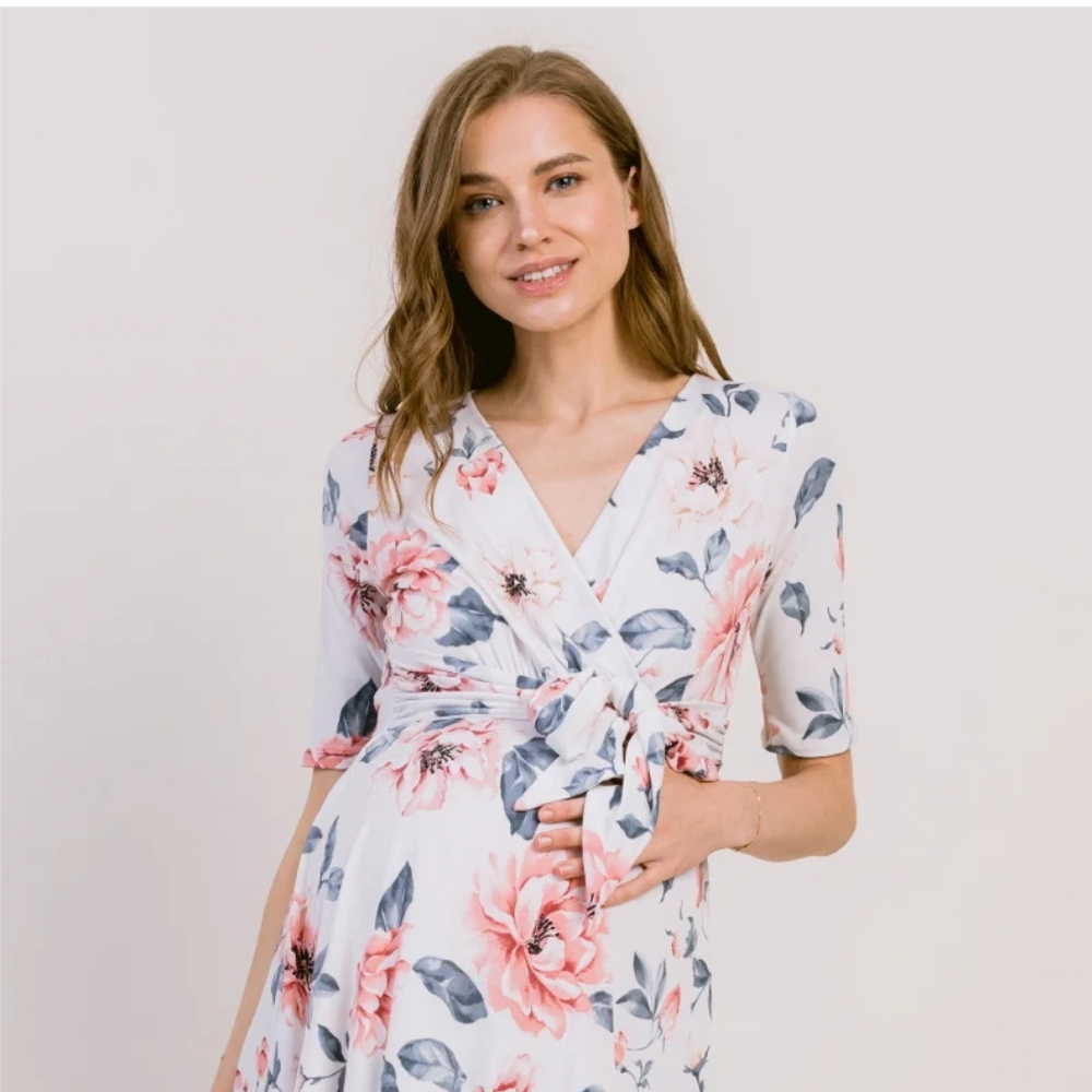 Hello MIZ Floral Wrap Midi Dress in White and Pink